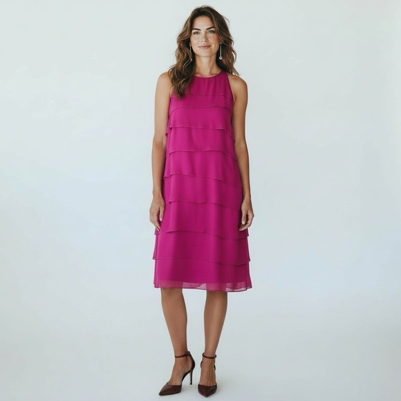 VINCE Pure Silk Magenta Ruffle Tiered Halter-like Cocktail Dress NWOT SZ 10 - Picture 3 of 7